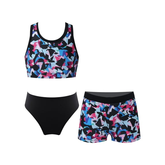 YIZYIF Girls Juniors 3Pcs Swimsuit Crop Top with Shorts Briefs Swimwear Tropical Vacation Water Sports Bathing Suit Rhombus 8