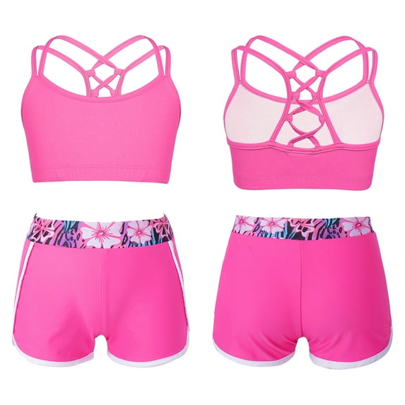 YIZYIF Girls Juniors Two-Pieces Swimsuit Crisscross Back Crop Top with Shorts Tankini Bathing Suit Beach Swimwear Rose 14