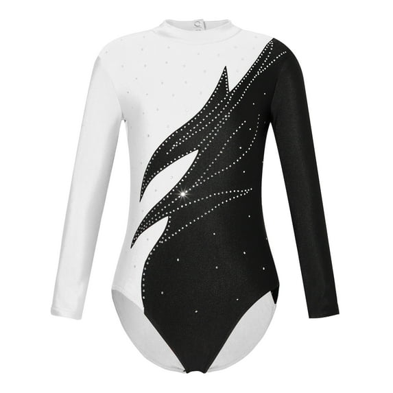 YIZYIF Girls Long Sleeve Contrast Color Gymnastic Athletic Leotard Shiny Glitters Rhinestones Dance Performance Costume