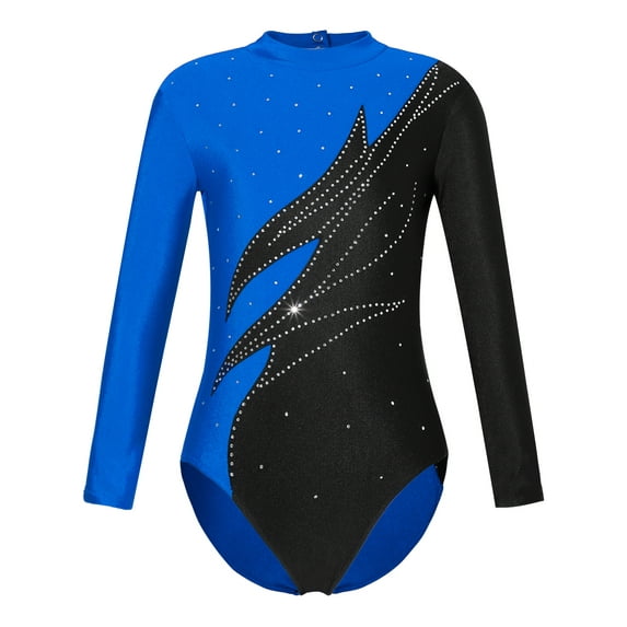 YIZYIF Girls Long Sleeve Contrast Color Gymnastic Athletic Leotard Shiny Glitters Rhinestones Dance Performance Costume
