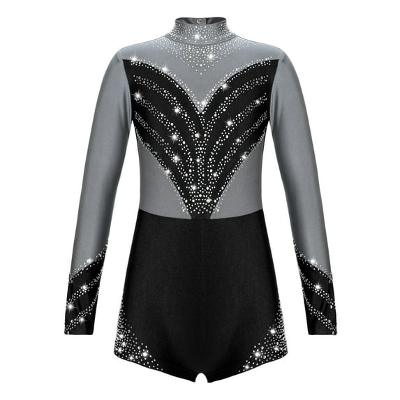 YIZYIF Girls Metallic Sequins Gymnastics Leotard Long Sleeve Mesh Splice Bodysuit Unitard Ballet Dancewear Silver Grey 8