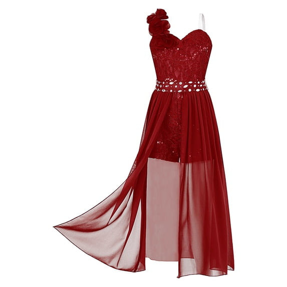 YIZYIF Girls One Shoulder Wedding Dress Flower Girls Dress Sleeveless Sequins Lace Rhinestone Maxi Romper Evening Gown Burgundy 10