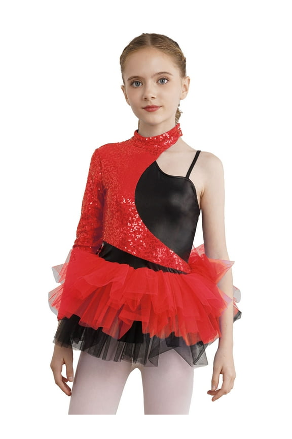 Girls Sequins Ballet Jazz Dance Dress Asymmetrical Sleeve Gymnastics Figure Skating Tulle Dress Red 14