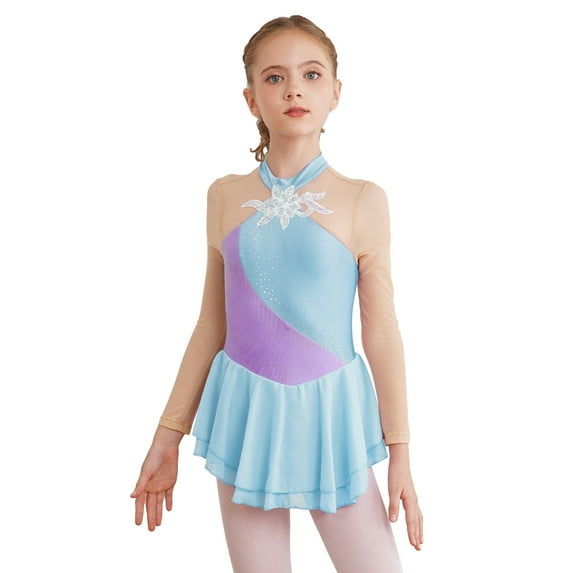 YIZYIF Girls Sequins Floral Patchwork Long Mesh Sleeve Figure Ice Skating Dance Dress,Sizes 6-16 Light Blue 6