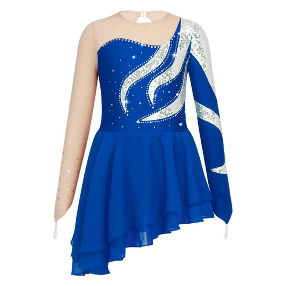YIZYIF Girls Sequins Mesh Splice Figure Ice Skating Dress Juniors Chiffon Dance Dress,Sizes 6-16 Dark Blue 16