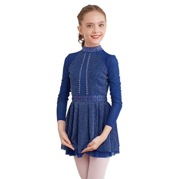 YIZYIF Girls Shimmery Sequins Skating Dress Gymnastics Ballet Dance Costume Backless Mesh Sleeves Lyrical Dance Dress Navy Blue 14