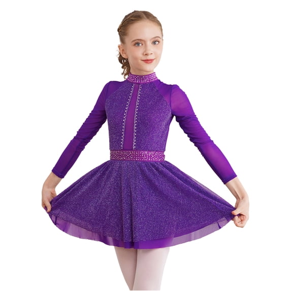 YIZYIF Girls Shimmery Sequins Skating Dress Gymnastics Ballet Dance Costume Backless Mesh Sleeves Lyrical Dance Dress Purple 16