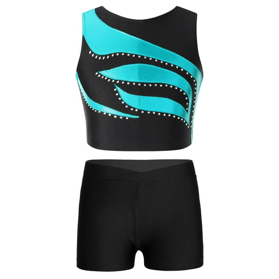 YIZYIF Girls Shiny Glitters Crop Top with Boy-Cut Shorts Workout Exercise Outfit Set Dance Gym Suit Blue Green 6