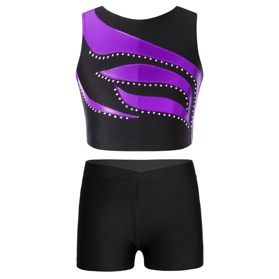 YIZYIF Girls Shiny Glitters Crop Top with Boy-Cut Shorts Workout Exercise Outfit Set Dance Gym Suit Purple 10