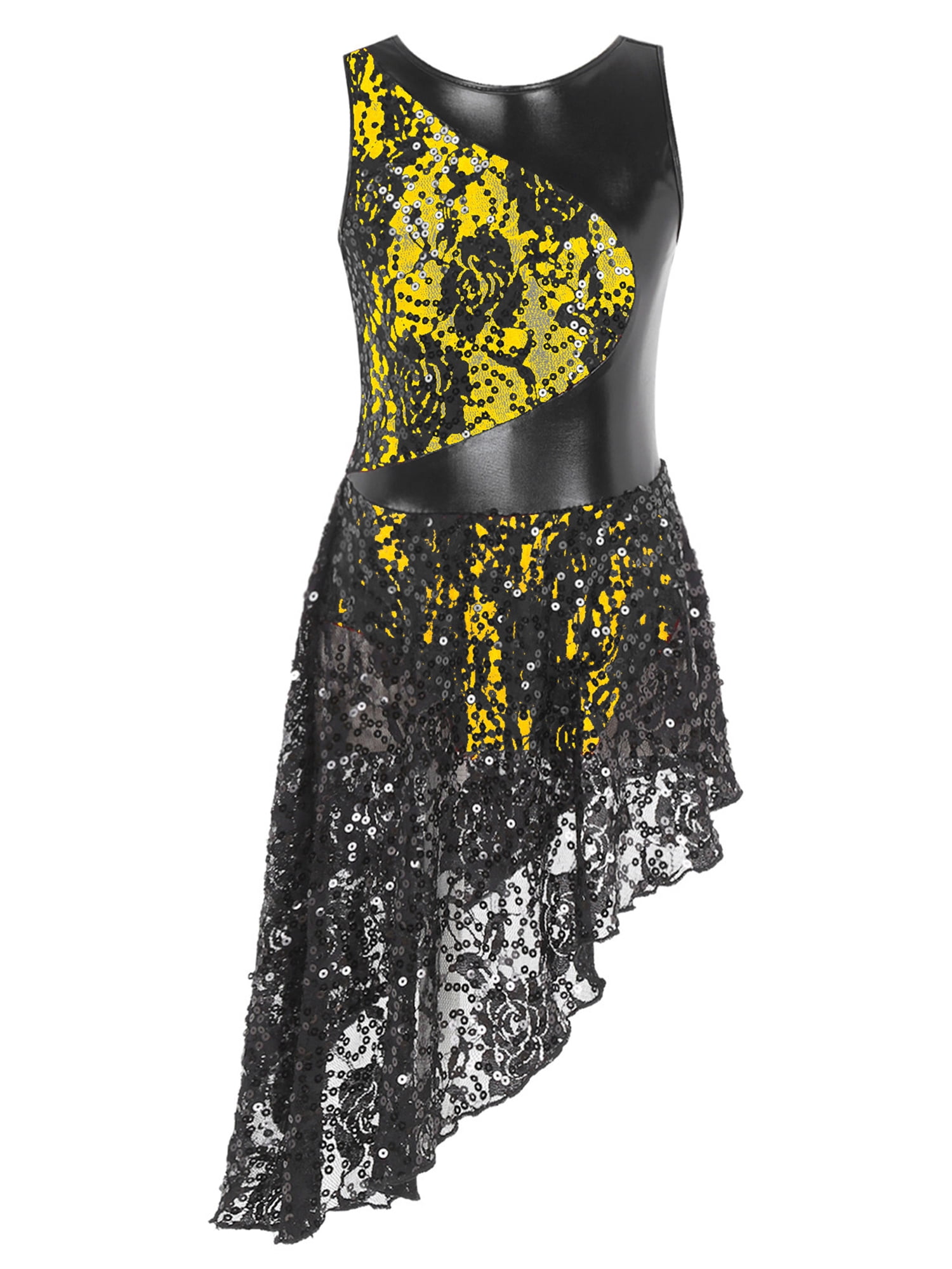 Eandarui Schaatsjurk voor dames, lange mouwen, glitter, dansjurk met strass, opstaande kraag, ballet, body, patchwork, tricot, asymmetrische wikkelrok, wedstrijddanskostuum, zwart, M