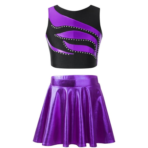 YIZYIF Girls Shiny Metallic Crop Top with Ruffled A-Line Skirt Skort Teens Jazz Hip Hop Modern Dance Costume Purple 12