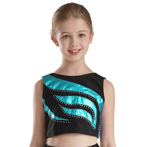 YIZYIF Girls Shiny Metallic Sleeveless Crop Top Teens Sparkle Glitters Gym Workout Dance Tops Lake Green 6