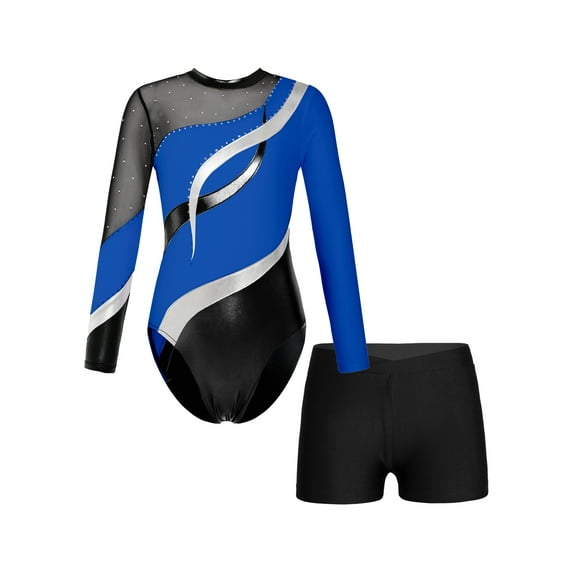 YIZYIF Girls Shiny Rhinestones Gymnastics Leotard with Shorts Set Teens Long Sleeve Skating Costume 2Pcs Ballet Dance Outfit Royal Blue 10