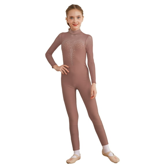 YIZYIF Girls Skating Acrobatics Full Bodysuit Ballet Dance Gymnastics Leotard Long Sleeve Mesh Rhinestones Unitard Dusty Pink 16