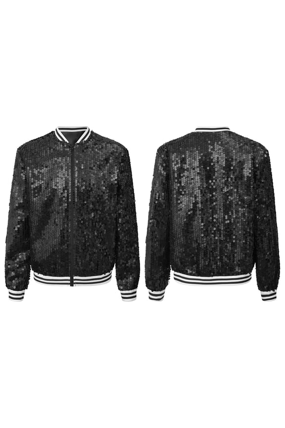 Girls Sparkling Zip Up Bomber Jacket Allover Sequins Hip Hop Jazz Dance Stage Performance Tops Black 6