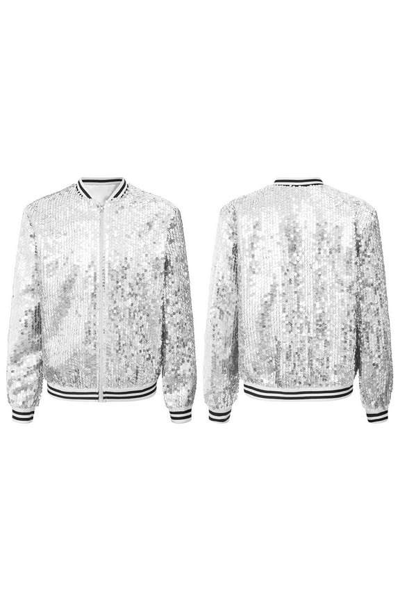 Girls Sparkling Zip Up Bomber Jacket Allover Sequins Hip Hop Jazz Dance Stage Performance Tops Silver 16