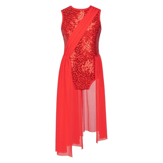 YIZYIF Girls Sparkly Sequins Hollow Back Leotard with Flowy Long Wrap Skirt Lyrical Contemporary Dancewear Red 6