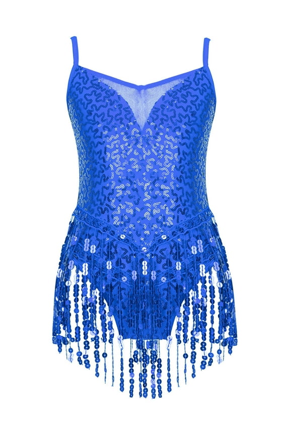 Girls V Neck Spaghetti Shoulder Straps Fringes Latin Jazz Dance Dress Juniors Sparkly Sequins Rumba Tango Dancewear
