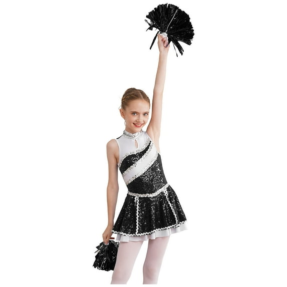 YIZYIF Juniors Girls Shiny Sequins Tank Dress with Pompoms Cheerleading Costume Youth Dance Suit Black 14