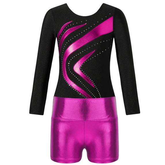 YIZYIF Kid Girls Gymnastics Ballet Outfit Metallic Dance Leotard Biketard with High-waist Shorts Set for Fitness Workout Rose 6