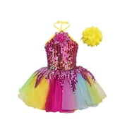 YIZYIF Kid Girls Stage Performance Show Dancewear Ballet Jazz Dance Costume Sparkling Sequins Applique Tutu Dress