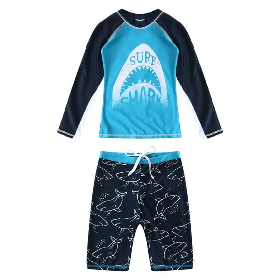 YIZYIF Kids Boys 2PCS Shark Print Swimsuit Rash Guard Long Sleeve Swimming Shirt Tops with Shorts Set A Sky Blue Shark 9-10