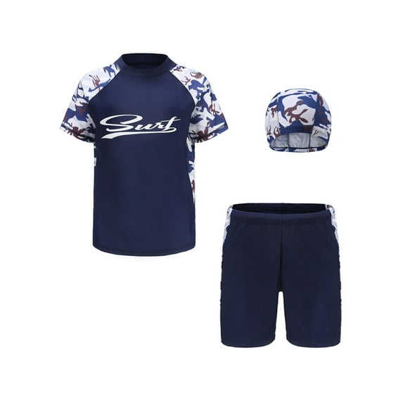YIZYIF Kids Boys 3Pcs Swimsuit Short Sleeve Camouflage Print Tops with Shorts and Hat Set for Tropical Vacation Swimming