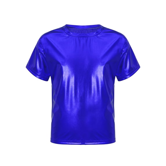 YIZYIF Kids Boys Metallic Short Sleeve T-Shirt Juniors Hip Hop Jazz Dance Performance Costume Royal Blue 17-18