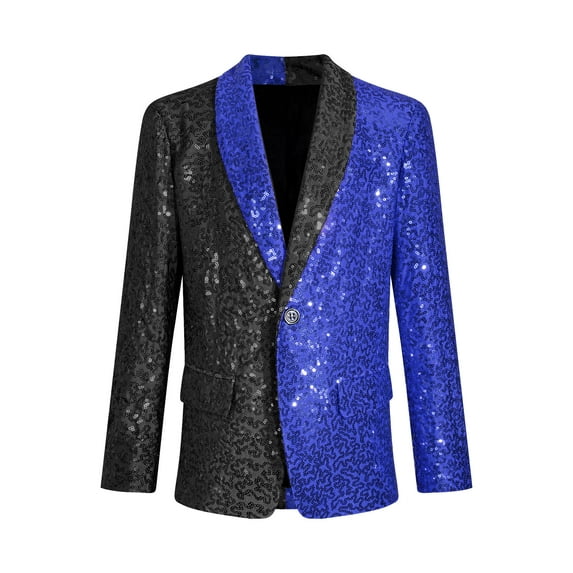 YIZYIF Kids Boys Sparkle Sequins Jacket Long Sleeve Glittery Coat Wedding Prom Birthday Party Blazer Outerwear Black&Blue 14
