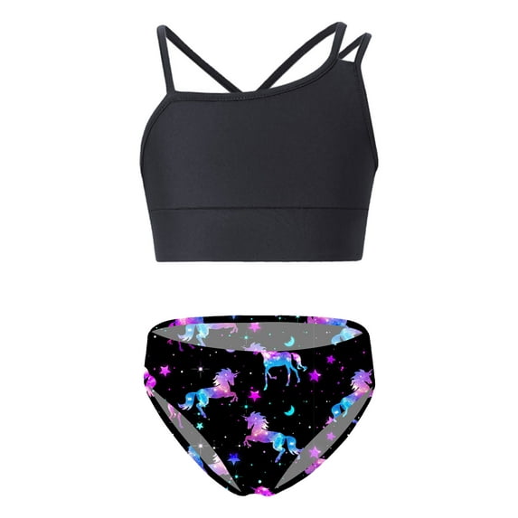 YIZYIF Kids Girls 2Pcs Swimsuit Pool Swimming Swimwear Solid Strappy Back Crop Top with Bikini Briefs Sunsuit Bathing Suit Black&Night Pegasus 12