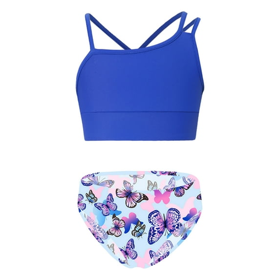 YIZYIF Kids Girls 2Pcs Swimsuit Pool Swimming Swimwear Solid Strappy Back Crop Top with Bikini Briefs Sunsuit Bathing Suit Royal Blue&Butterfly 8