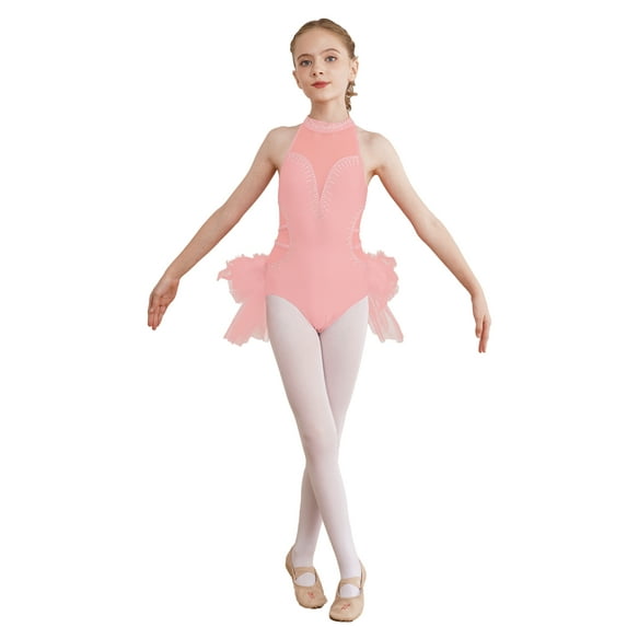 YIZYIF Kids Girls Ballet Dance Costume Rhinestone Sheer Mesh Patchwork Leotard Latin Dance Skirted Bodysuit Pink 14