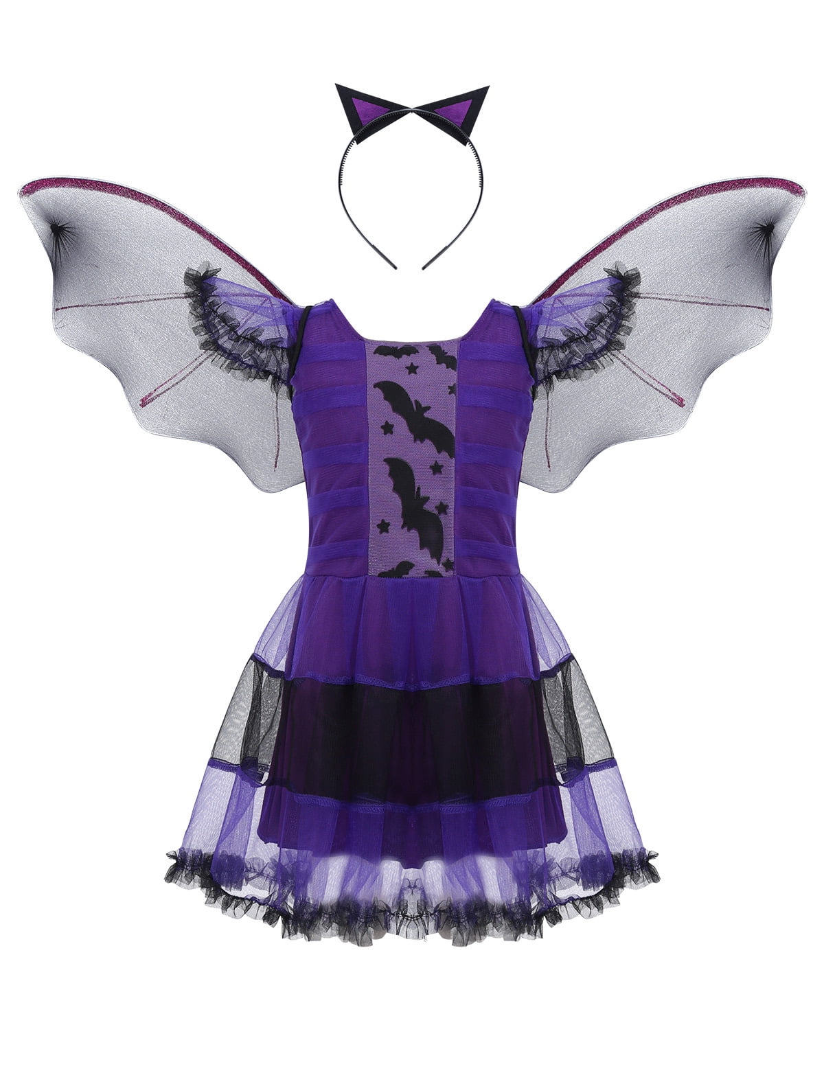 Girls Gothic Lolita Princess Dress - Purple & Black With Bat Wings & Headband, Halloween Costume Kids