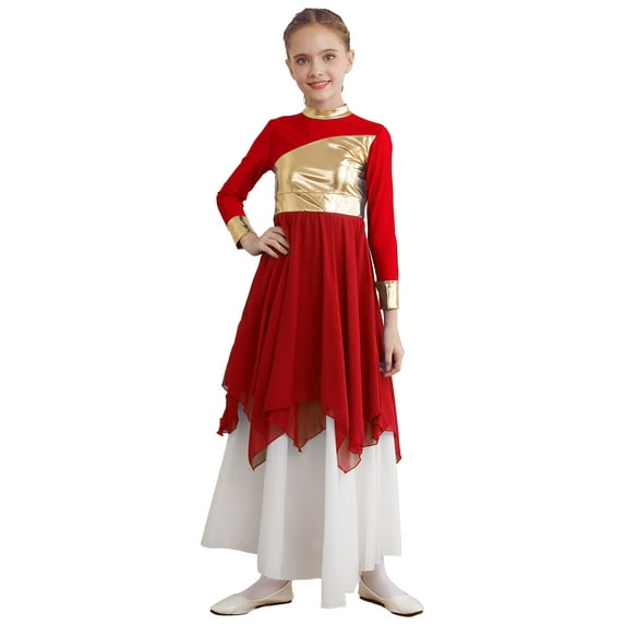 YIZYIF Kids Girls Bronzing Bodice Tunic Praise Worship Dance Dress Asymmetric Back Zipper Lyrical Contemporary Dance Costume Red 12