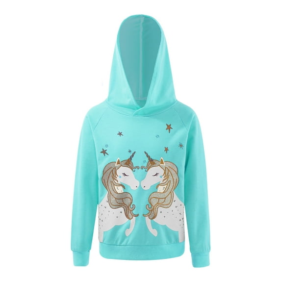 YIZYIF Kids Girls Casual Hoodie Long Sleeve Hooded Sweatshirt Daily Cartoon Horse Print Pullover Coat Blue Green 8