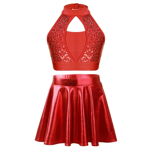YIZYIF Kids Girls Cheer Leader Outfit Crop Top with Metallic Ruffled Skirt Modern Jazz Dance Performance Costume Red 6