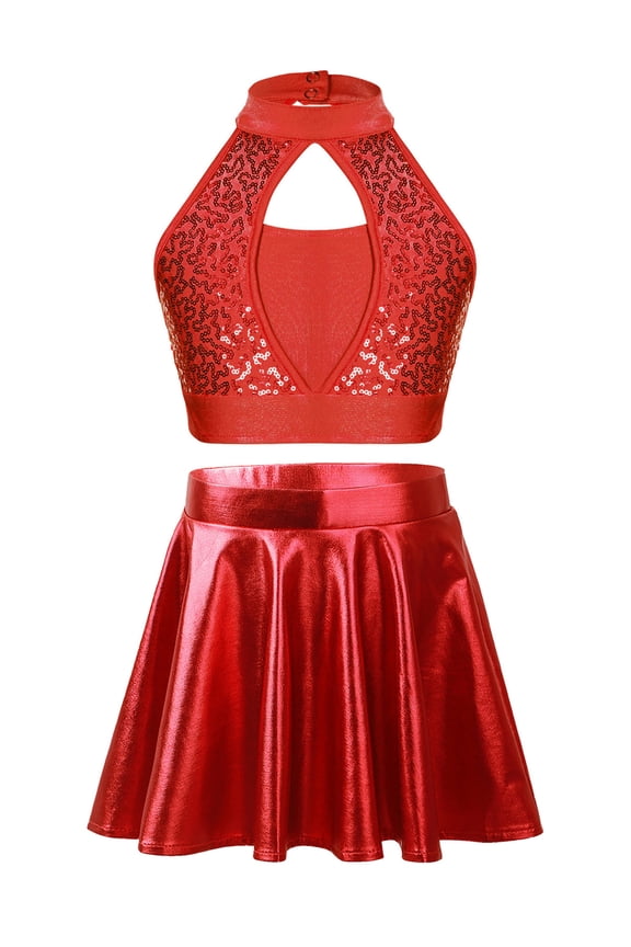 Kids Girls Cheer Leader Outfit Crop Top with Metallic Ruffled Skirt Modern Jazz Dance Performance Costume Red 6