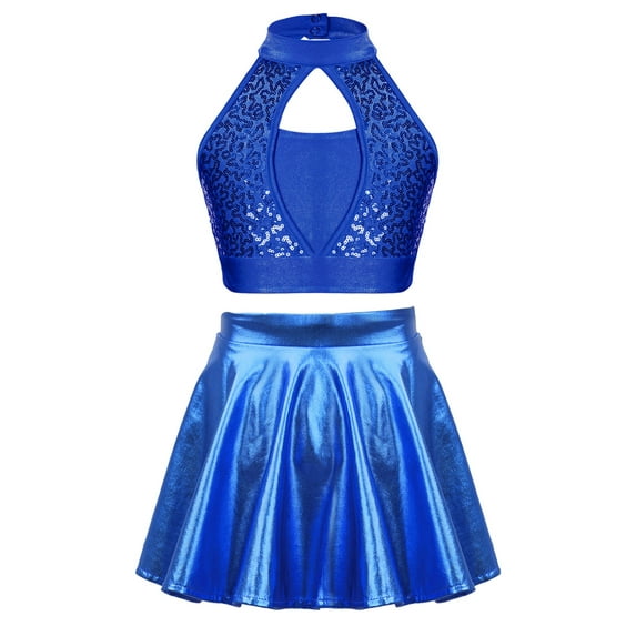 YIZYIF Kids Girls Cheer Leader Outfit Crop Top with Metallic Ruffled Skirt Modern Jazz Dance Performance Costume Royal Blue 12