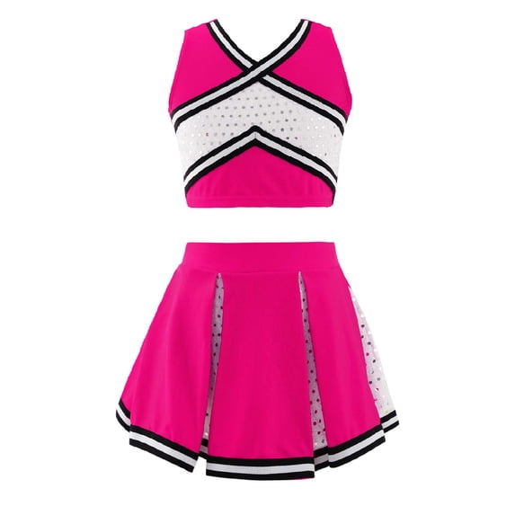 YIZYIF Kids Girls Cheers Dance Outfit V Neck Tank Top with Pleated Skirt Set Juniors Cheerleading Uniform A Hot Pink 12