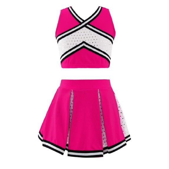 YIZYIF Kids Girls Cheers Dance Outfit V Neck Tank Top with Pleated Skirt Set Juniors Cheerleading Uniform A Hot Pink 14