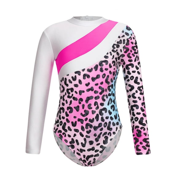 YIZYIF Kids Girls Children Gymnastics Leotard Long Sleeve Holographic Print Ballet Leotard Skating Bodysuit Jumpsuit Leopard 12