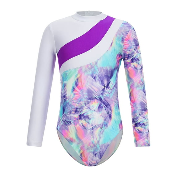 YIZYIF Kids Girls Children Gymnastics Leotard Long Sleeve Holographic Print Ballet Leotard Skating Bodysuit Jumpsuit Shadow Pink 6