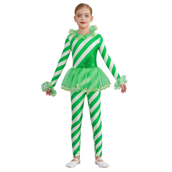 YiZYiF Girls Long Sleeve Candy Cane Striped Jumpsuit Ruffled Tulle Dance Unitard Christmas Costume Green 14