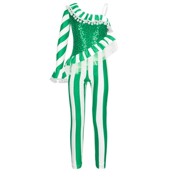 YIZYIF Kids Girls Christmas Candy Cane Striped Jumpsuit Shiny Sequins Ruffle Dance Unitard Xmas Dancewear Green-A 12