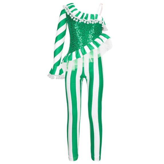 YIZYIF Kids Girls Christmas Candy Cane Striped Jumpsuit Shiny Sequins Ruffle Dance Unitard Xmas Dancewear Green-A 4