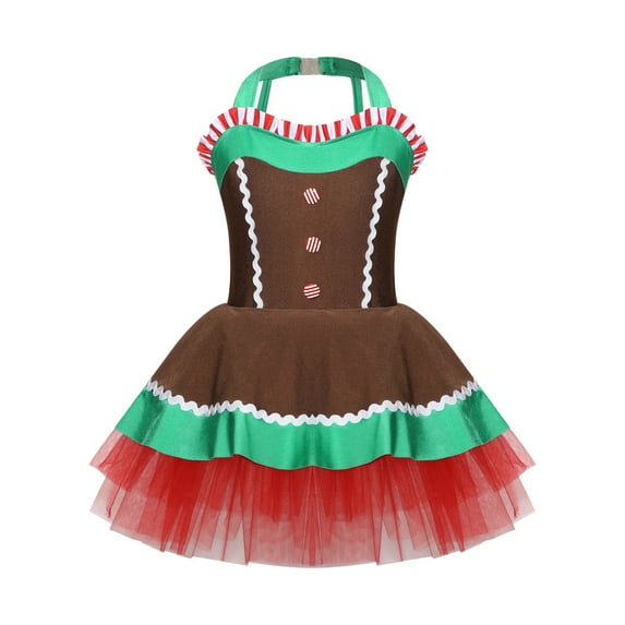 YiZYiF Kids Girls Christmas Gingerbread Cosplay Costume Ballet Tutu Dress Spaghetti Straps Figure Ice Skating Bodysuit Brown 8