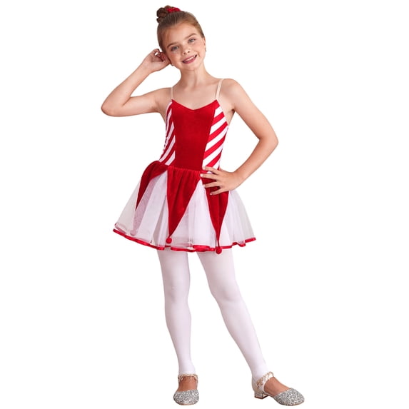 YIZYIF Kids Girls Christmas Mesh Ballet Tutu Dress Candy Cane Costume Spaghetti Straps Stripes Print Figure Skating Dress Red 6
