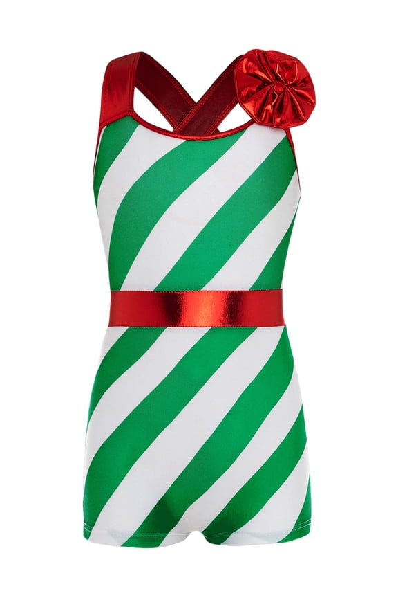 Girls Boys Christmas Santa Candy Costume Stripes Dance Leotard Biketard Gymnastics Bodysuit Green 14