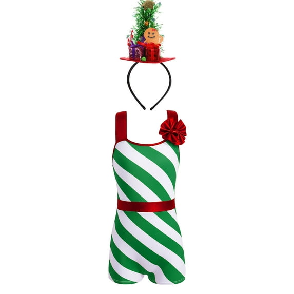 YiZYiF Girls Boys Christmas Santa Candy Costume Stripes Dance Leotard Biketard Gymnastics Bodysuit Green-A 14