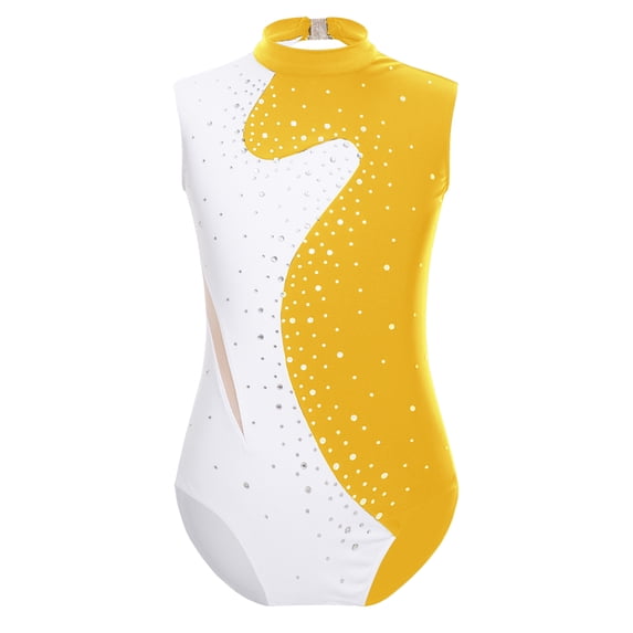YIZYIF Kids Girls Color Block Gymnastics Leotard Rhinestone Figure Skating Classic Ballet Dance Costume Yellow 8